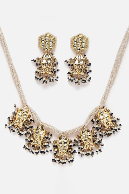 Buy_Dugran By Dugristyle_Multi Color Stones, Pearls, Diamonds Studded Pendant Necklace Set _Online_at_Aza_Fashions