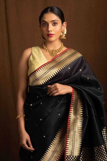 Devissha_Gold Banarasi Brocade Woven Geometric V Neck Blouse _Online_at_Aza_Fashions