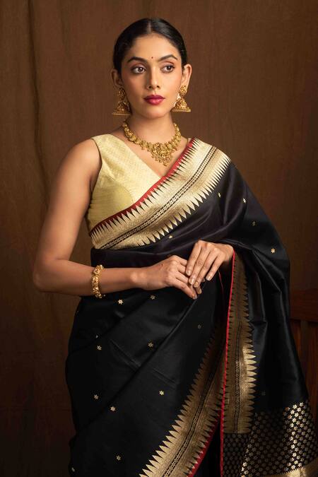 Buy_Devissha_Gold Banarasi Brocade Woven Geometric V Neck Blouse _Online_at_Aza_Fashions