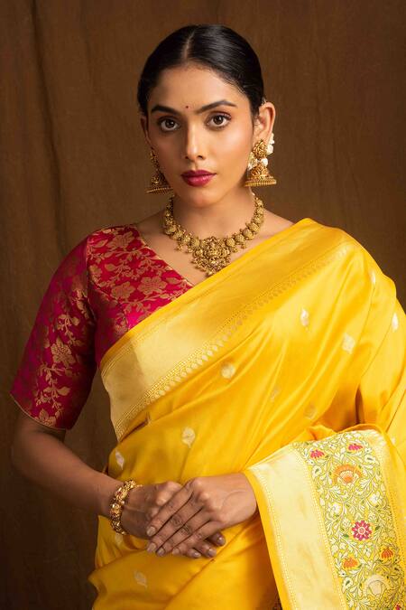 Devissha_Fuchsia Banarasi Brocade Woven Floral V Neck Blouse _Online_at_Aza_Fashions