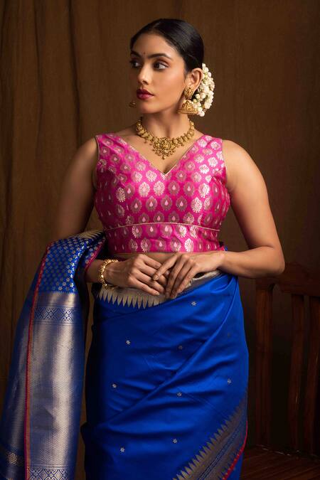Buy_Devissha_Pink Banarasi Brocade Woven Floral Butta V Neck Blouse _Online_at_Aza_Fashions