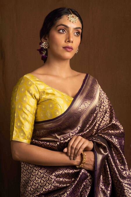 Devissha_Yellow Banarasi Floral Deep V Neck Butti Pattern Blouse _Online_at_Aza_Fashions