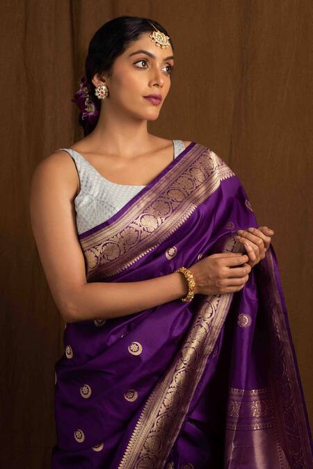 Devissha_Blue Banarasi Geometric Scoop Neck Pattern Blouse _Online_at_Aza_Fashions