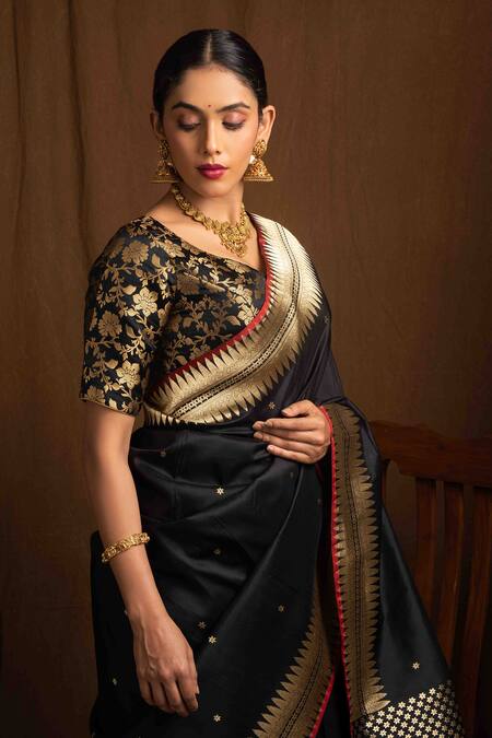 Devissha_Black Banarasi Flower Vine Deep V Neck Pattern Blouse _Online_at_Aza_Fashions