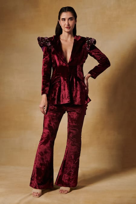 Buy Maroon Velvet Embroidery 3d Floral Plunging V Neck Jacket With