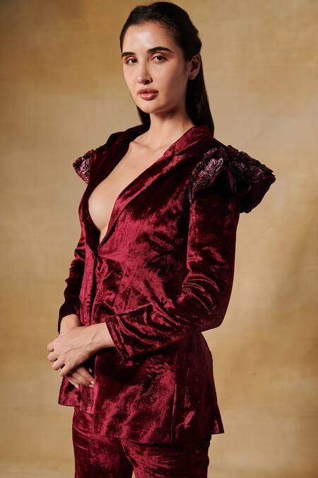 AASHIMA BEHL - Maroon Velvet Embroidery 3d Floral Plunging V Neck Jacket  With Pant For Women