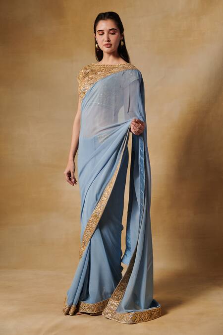 Buy Navy Blue Zari Embroidery Georgette Saree Online