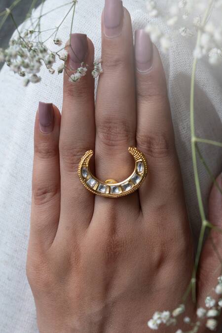 Shop Do Taara Gold Plated Stones Half Crescent Shaped Ring at Aza Fashions Shop_Do Taara_Gold Plated Stones Half Crescent Shaped Ring_at_Aza_Fashions