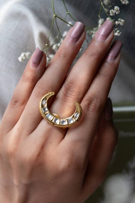 Do Taara Gold Plated Stones Half Crescent Shaped Ring Online at Aza Fashions Do Taara_Gold Plated Stones Half Crescent Shaped Ring_Online_at_Aza_Fashions