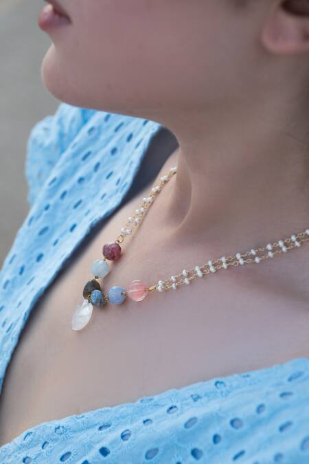 Do Taara_Multi Color Natural Stones And Pearl Embellished Necklace _Online_at_Aza_Fashions