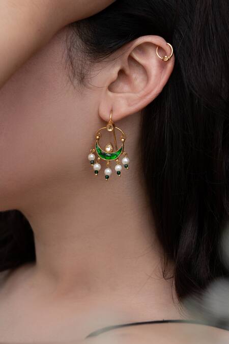 Do Taara Green Pearls, Beads, Stones Kundan Chandbalis With Tear Drop Cut Work