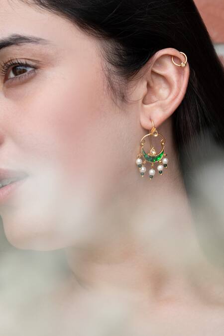Do Taara_Green Pearls, Beads, Stones Kundan Chandbalis With Tear Drop Cut Work_Online_at_Aza_Fashions