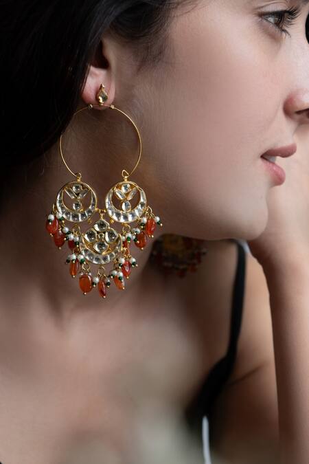 Do Taara_Orange Kundan And Stone Embellished Chandbalis_Online_at_Aza_Fashions