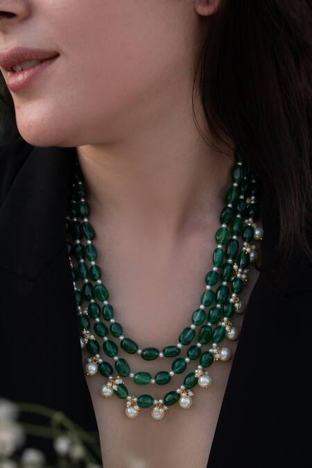 Do Taara_Green Fresh Water Pearls Stones Embellished Multi Layered Necklace_Online_at_Aza_Fashions