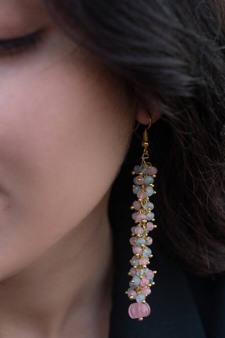Do Taara_Pink Stones, Tassels Embellished Dangler Earrings _Online_at_Aza_Fashions