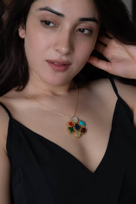 Do Taara Multi Color Floral Cut Work Natural Stone Pendant Necklace 