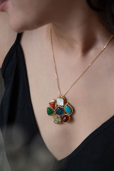 Do Taara Multi Color Floral Cut Work Natural Stone Pendant Necklace Online at Aza Fashions Do Taara_Multi Color Floral Cut Work Natural Stone Pendant Necklace _Online_at_Aza_Fashions