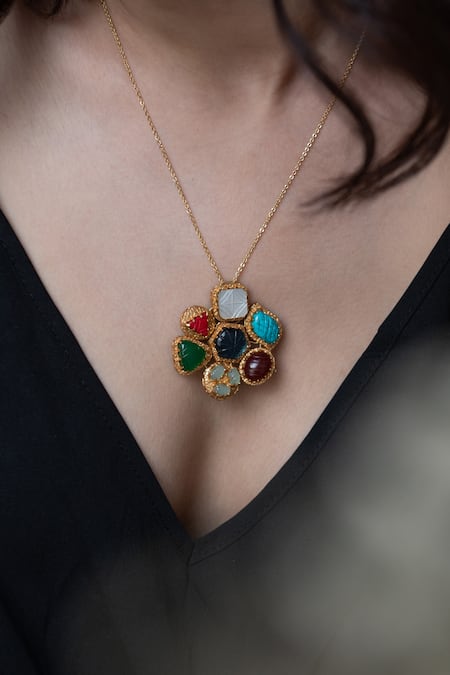 Buy Do Taara Multi Color Floral Cut Work Natural Stone Pendant Necklace Online at Aza Fashions Buy_Do Taara_Multi Color Floral Cut Work Natural Stone Pendant Necklace _Online_at_Aza_Fashions