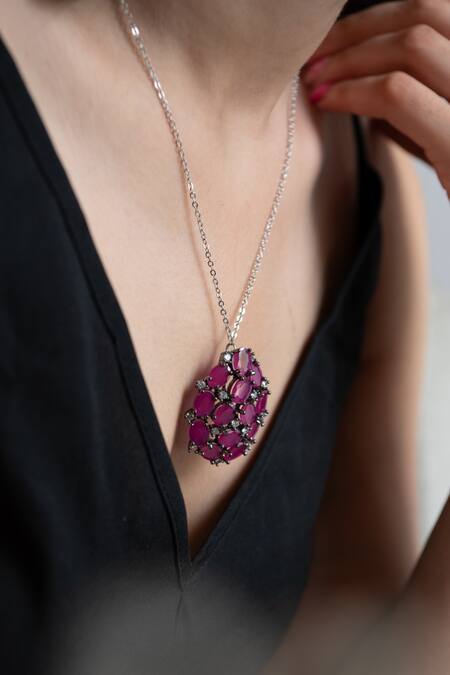 Do Taara_Pink Cubic Zirconia Oblong Embellished Pendant Necklace_Online_at_Aza_Fashions