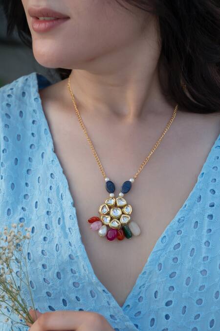 Buy_Do Taara_Multi Color Kundan And Stone Embellished Pendant Necklace _Online_at_Aza_Fashions