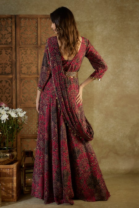 Shop Mehak Murpana Pink Crepe Tassels V-neck Floral Abstract Print Anarkali Drape Set at Aza Fashions Shop_Mehak Murpana_Pink Crepe Tassels V-neck Floral Abstract Print Anarkali Drape Set _at_Aza_Fashions