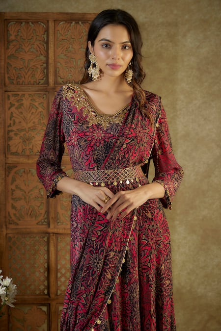 Mehak Murpana Pink Crepe Tassels V-neck Floral Abstract Print Anarkali Drape Set Online at Aza Fashions Mehak Murpana_Pink Crepe Tassels V-neck Floral Abstract Print Anarkali Drape Set _Online_at_Aza_Fashions