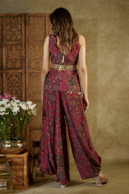 Shop_Mehak Murpana_Pink Crepe Tassels V-neck Floral Abstract Print Top Dhoti Pant Set _at_Aza_Fashions