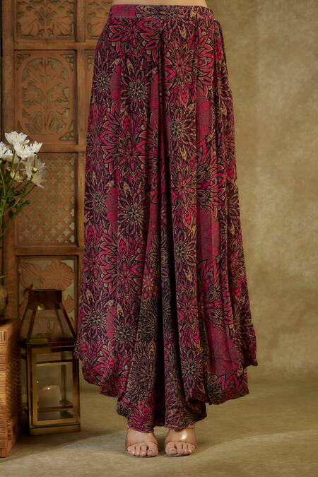 Mehak Murpana_Pink Crepe Tassels V-neck Floral Abstract Print Top Dhoti Pant Set _Online_at_Aza_Fashions