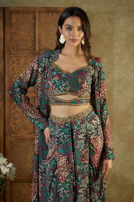 Buy_Mehak Murpana_Green Crepe Tassels Sweetheart Neck Floral Abstract Print Cape Dhoti Pant Set _Online_at_Aza_Fashions