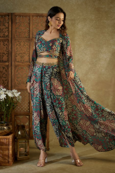 Shop_Mehak Murpana_Green Crepe Tassels Sweetheart Neck Floral Abstract Print Cape Dhoti Pant Set _Online_at_Aza_Fashions