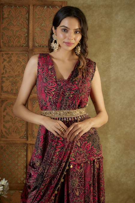 Mehak Murpana_Pink Crepe Tassels V-neck Abstract Floral Print Top Dhoti Pant Set _Online_at_Aza_Fashions