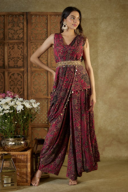 Buy_Mehak Murpana_Pink Crepe Tassels V-neck Abstract Floral Print Top Dhoti Pant Set _Online_at_Aza_Fashions