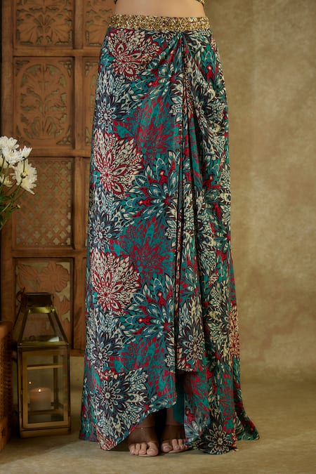 Mehak Murpana Green Crepe, Georgette Tassels, Sequins Blossom Abstract Print Blouse Skirt Set Online at Aza Fashions Mehak Murpana_Green Crepe, Georgette Tassels, Sequins Blossom Abstract Print Blouse Skirt Set _Online_at_Aza_Fashions