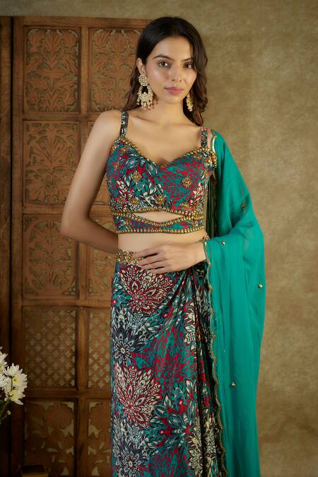 Buy Mehak Murpana Green Crepe, Georgette Tassels, Sequins Blossom Abstract Print Blouse Skirt Set Online at Aza Fashions Buy_Mehak Murpana_Green Crepe, Georgette Tassels, Sequins Blossom Abstract Print Blouse Skirt Set _Online_at_Aza_Fashions