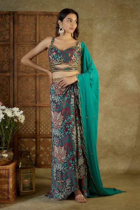 Shop Mehak Murpana Green Crepe, Georgette Tassels, Sequins Blossom Abstract Print Blouse Skirt Set Online at Aza Fashions Shop_Mehak Murpana_Green Crepe, Georgette Tassels, Sequins Blossom Abstract Print Blouse Skirt Set _Online_at_Aza_Fashions