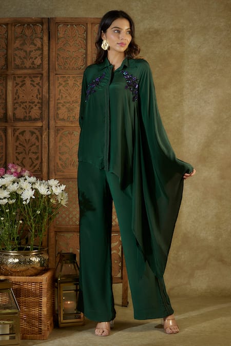 Mehak Murpana Green Crepe Embroidered Sequin Shirt Collar Kaftan With Pant 