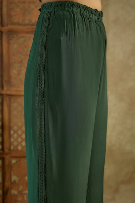 Mehak Murpana_Green Crepe Sequins Shawl Neck Embroidered Kaftan Shirt With Pant _Online_at_Aza_Fashions