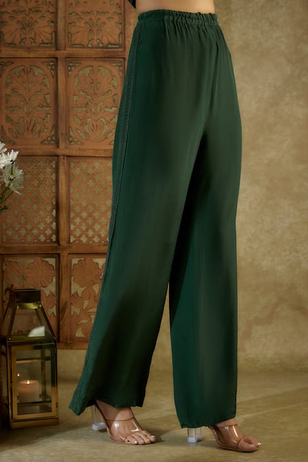 Buy_Mehak Murpana_Green Crepe Sequins Shawl Neck Embroidered Kaftan Shirt With Pant _Online_at_Aza_Fashions