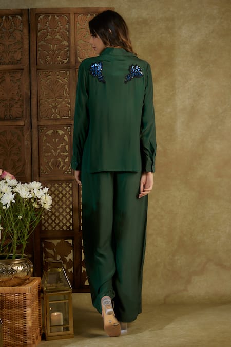 Shop Mehak Murpana Green Crepe Sequins Shawl Neck Embroidered Placement Crop Shirt With Cargo Pant at Aza Fashions Shop_Mehak Murpana_Green Crepe Sequins Shawl Neck Embroidered Placement Crop Shirt With Cargo Pant _at_Aza_Fashions