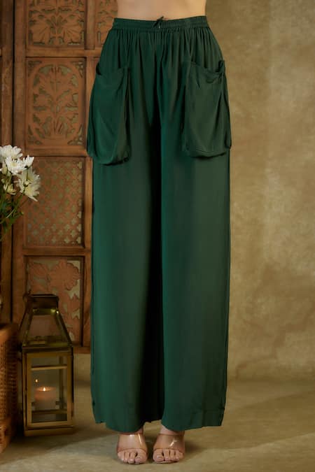 Mehak Murpana Green Crepe Sequins Shawl Neck Embroidered Placement Crop Shirt With Cargo Pant Online at Aza Fashions Mehak Murpana_Green Crepe Sequins Shawl Neck Embroidered Placement Crop Shirt With Cargo Pant _Online_at_Aza_Fashions