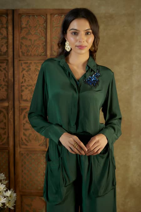 Buy Mehak Murpana Green Crepe Sequins Shawl Neck Embroidered Placement Crop Shirt With Cargo Pant Online at Aza Fashions Buy_Mehak Murpana_Green Crepe Sequins Shawl Neck Embroidered Placement Crop Shirt With Cargo Pant _Online_at_Aza_Fashions