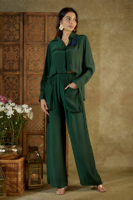 Shop Mehak Murpana Green Crepe Sequins Shawl Neck Embroidered Placement Crop Shirt With Cargo Pant Online at Aza Fashions Shop_Mehak Murpana_Green Crepe Sequins Shawl Neck Embroidered Placement Crop Shirt With Cargo Pant _Online_at_Aza_Fashions