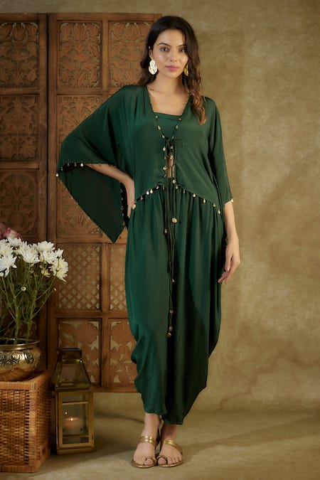 Mehak Murpana Green Crepe Embellished Kaftan Top Front Tie Coin Dhoti Pant Set 