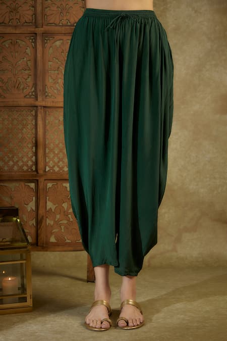 Mehak Murpana_Green Crepe Embroidery Open Neck Coin Embellished Kaftan Top Dhoti Pant Set _Online_at_Aza_Fashions