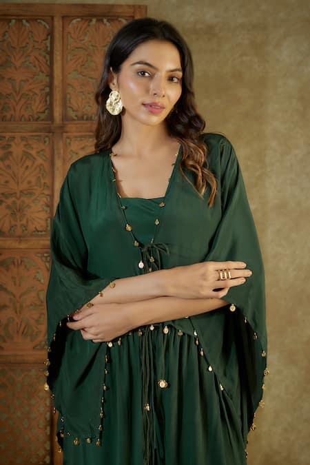 Buy_Mehak Murpana_Green Crepe Embroidery Open Neck Coin Embellished Kaftan Top Dhoti Pant Set _Online_at_Aza_Fashions