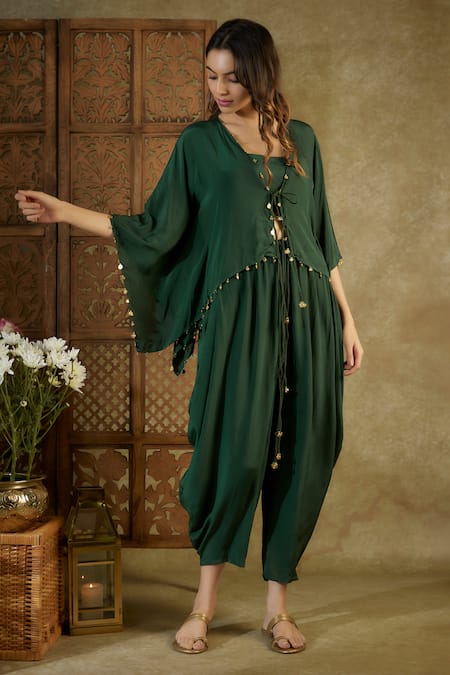 Shop_Mehak Murpana_Green Crepe Embroidery Open Neck Coin Embellished Kaftan Top Dhoti Pant Set _Online_at_Aza_Fashions
