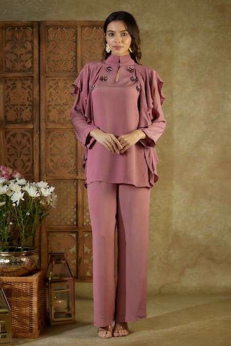 Mehak Murpana Pink Crepe Embroidered Sequin Mandarin Collar Ruffle Top With Pant 