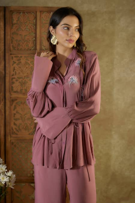 Buy Mehak Murpana Pink Crepe Feathers, Sequins Mandarin Collar Embellished Shirt With Pant Online at Aza Fashions Buy_Mehak Murpana_Pink Crepe Feathers, Sequins Mandarin Collar Embellished Shirt With Pant _Online_at_Aza_Fashions