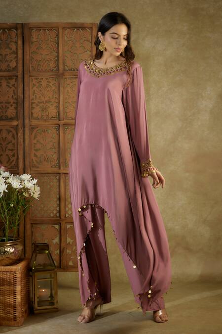 Mehak Murpana_Pink Crepe Cut Work, Beads Cutdana Embellished Placed Asymmetric Kurta With Pant _Online_at_Aza_Fashions