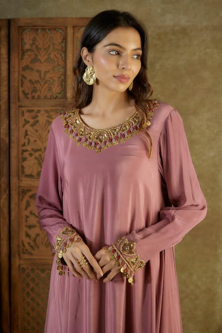 Shop_Mehak Murpana_Pink Crepe Cut Work, Beads Cutdana Embellished Placed Asymmetric Kurta With Pant _Online_at_Aza_Fashions